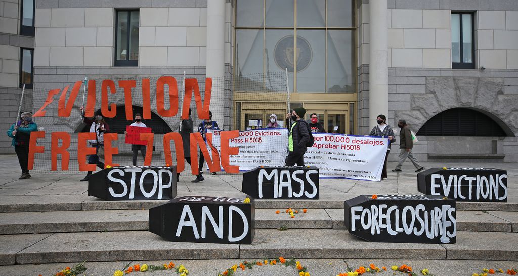 Coffins were displayed during a rally at Boston Housing Court outside the Edward W. Brooke Courthouse on Oct. 29 amid concerns that evictions could lead to an increase in coronavirus cases in the state.